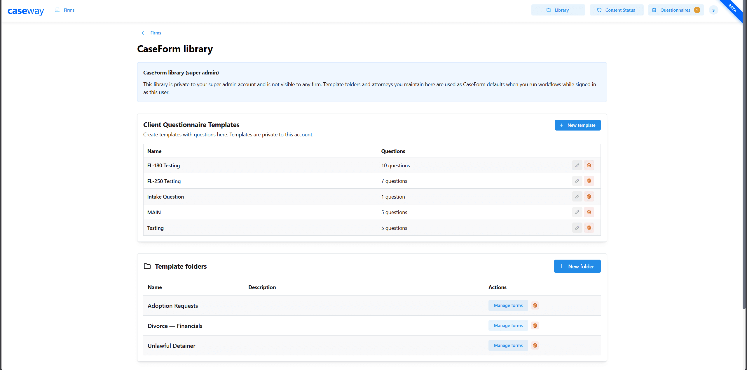 CaseForm library — questionnaire templates and template folders used as workflow defaults