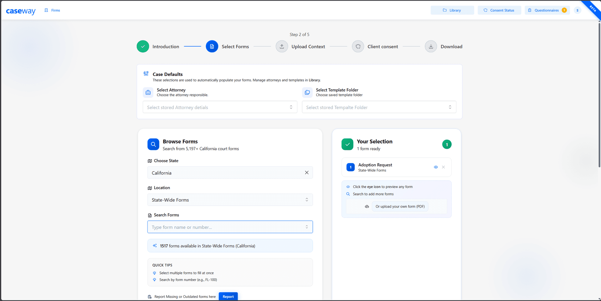CaseForm Select Forms interface with California court form library and packet selection